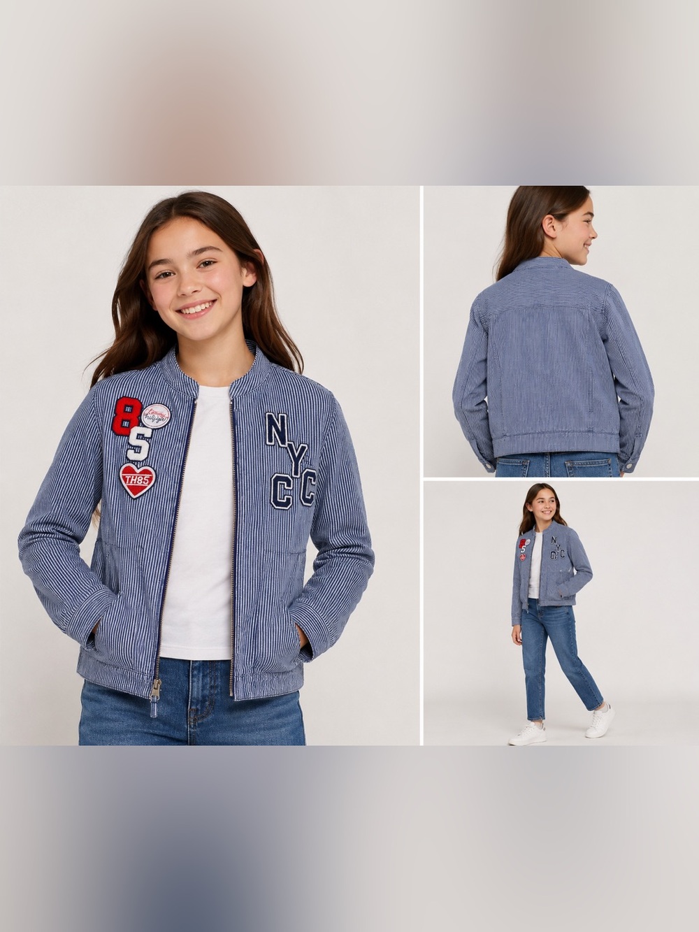 Tommy Hilfiger Girls Large 12-14 Blue Pinstripe Zip Jacket NYC 85